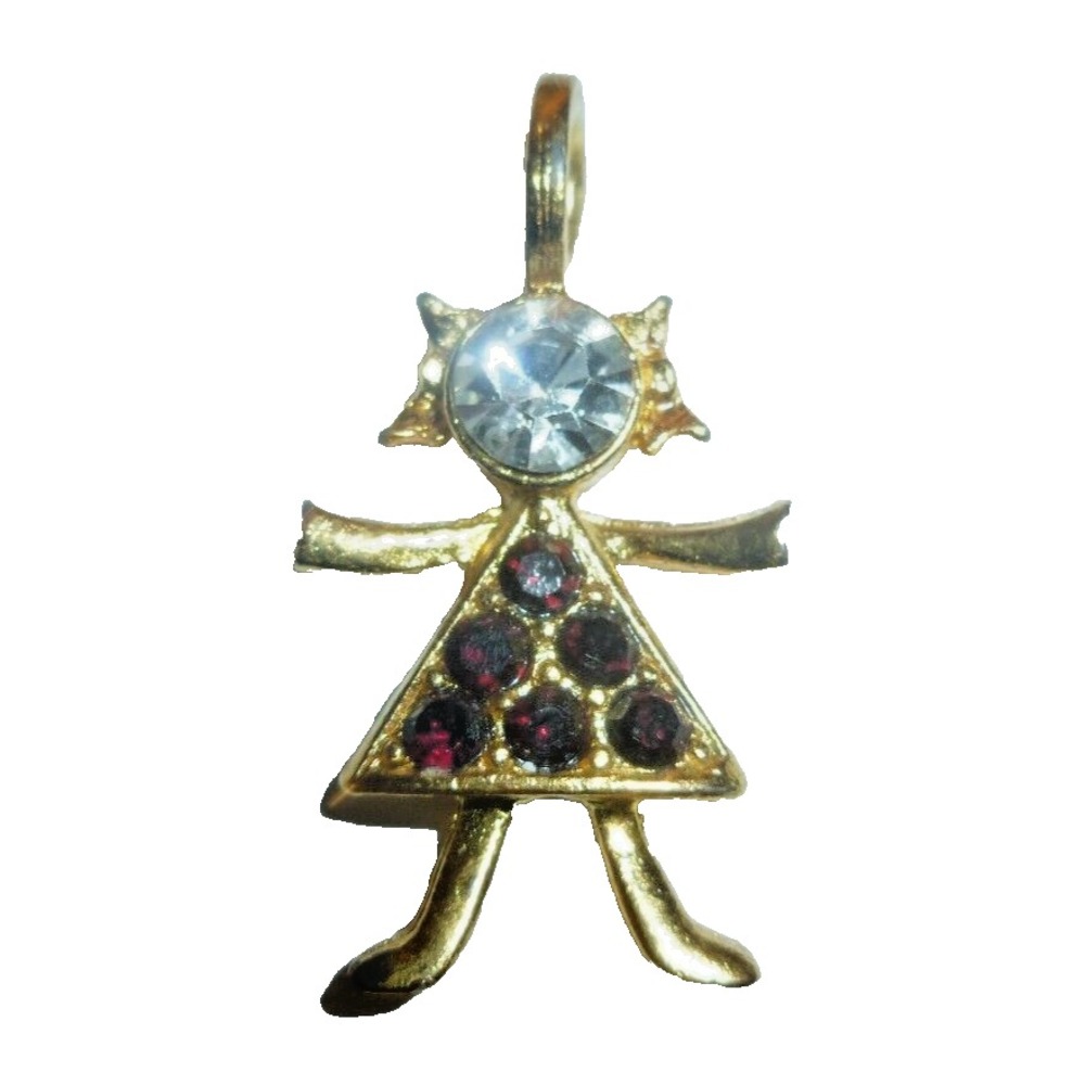 Vintage USA K.I.S. Gold Tone Girl Charm Pendant Red Clear Rhinestone Figure